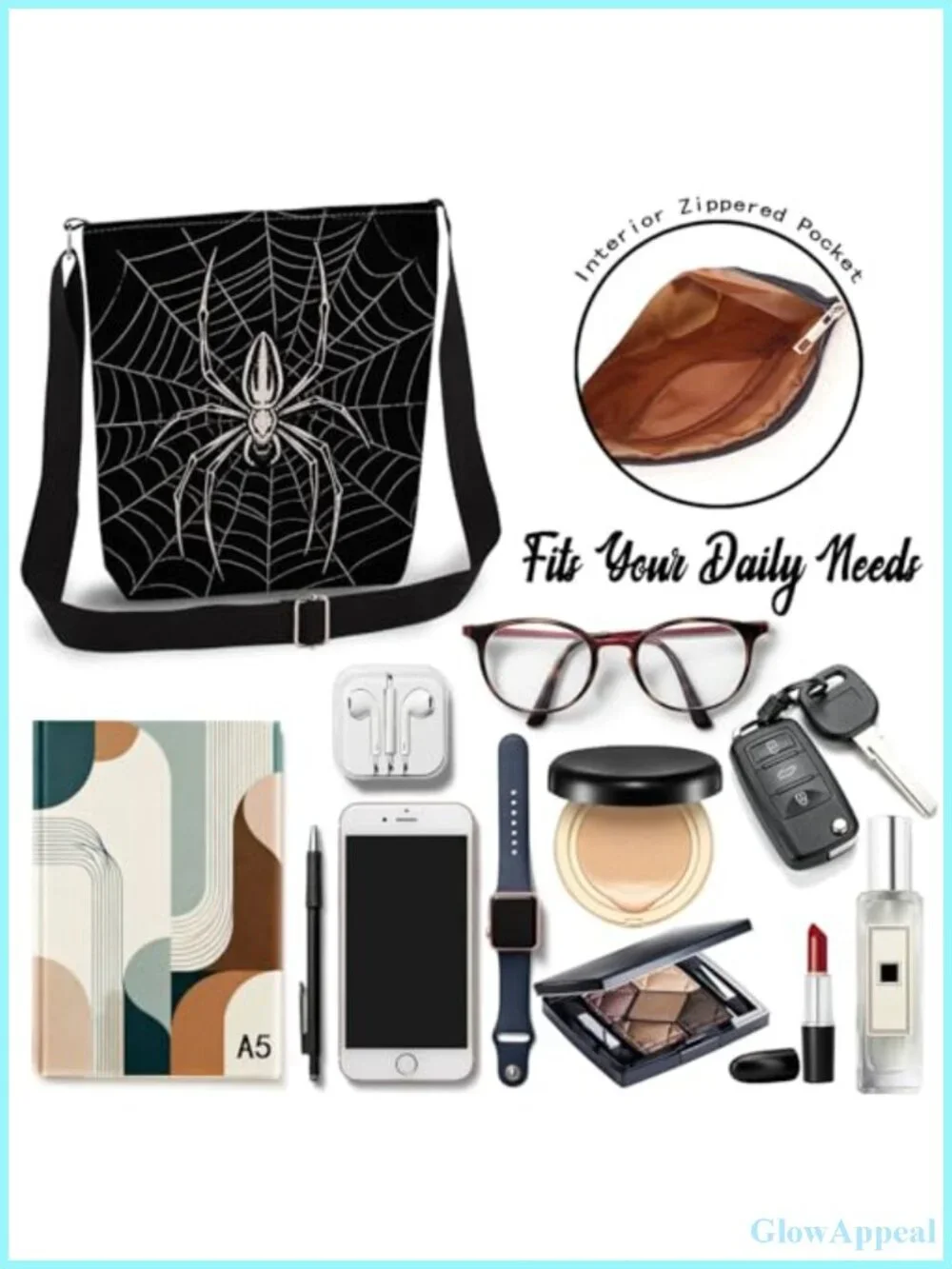 Spider Print Crossbody Bag Adjustable Strap Polyester